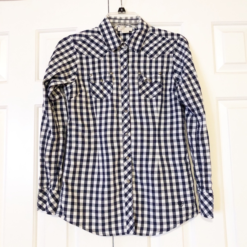 Ariat western style dark blue white checkered fitted long sleeve button fron top
